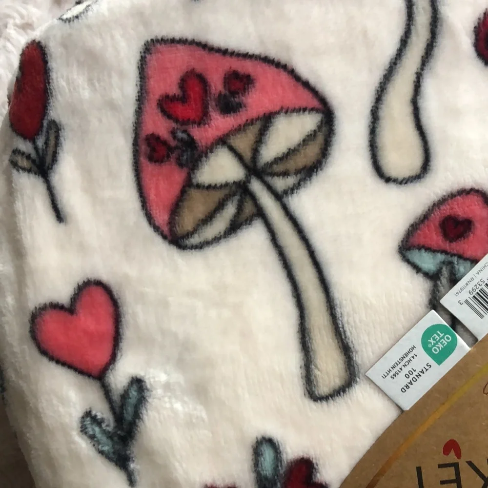 MUSHROOM and HEARTS Plush Queen Blanket